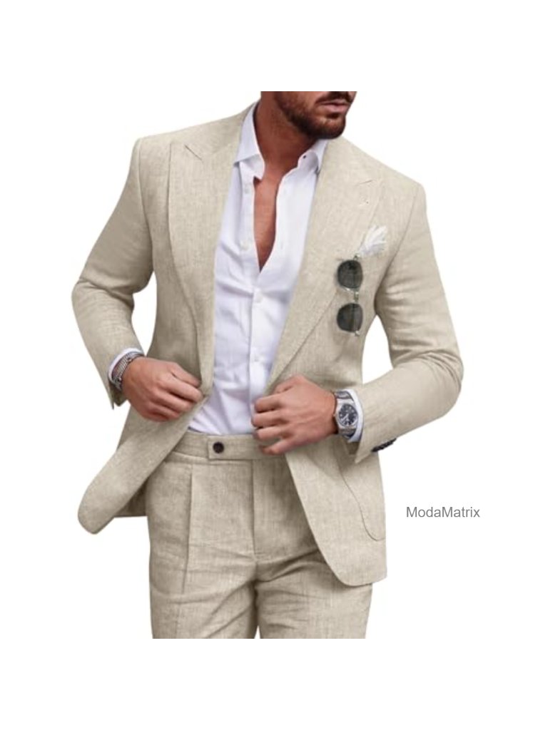 Linen Men Suit Set 2 Piece Regular Fit Blazer Jacket And Pants For Wedding Party
